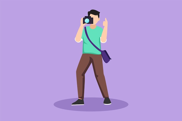Dibujo plano de carácter vista frontal de fotógrafo masculino de pie con los pulgares hacia arriba gesto tomando fotos con cámara fotografiando profesión o ocupación creativa Ilustración vectorial de diseño de dibujos animados