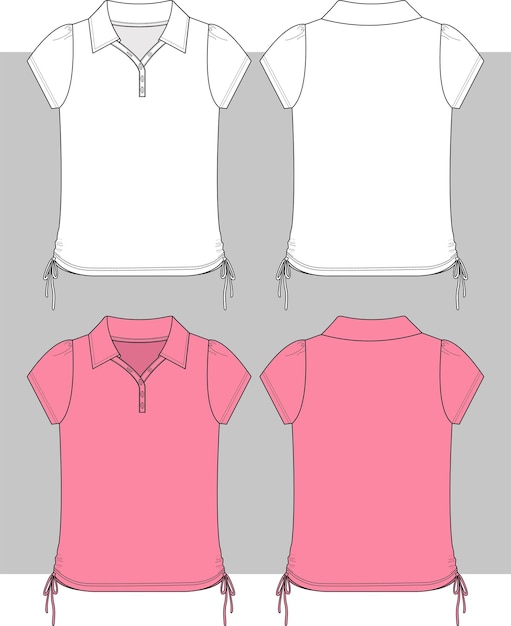 Vector dibujo plano de corbata lateral de camiseta de polo para mujer y niña