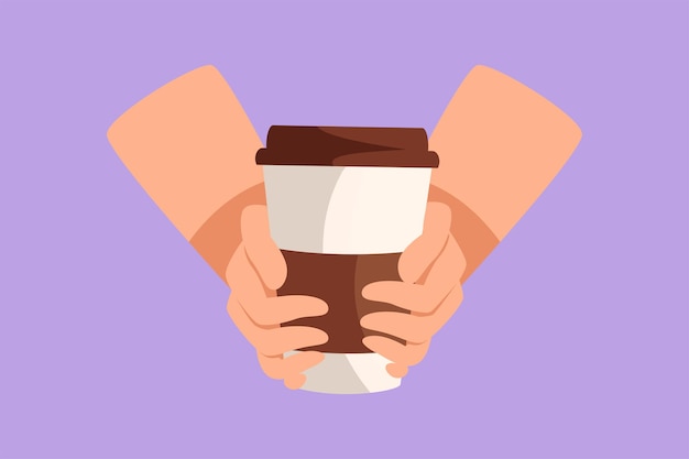 Dibujo plano de estilo dibujante retró o vintage manos humanas estilizadas sosteniendo taza de papel de café caliente descanso de café refresco del trabajo cero desperdicio de bebida Ilustración vectorial de diseño gráfico