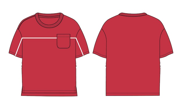 Dibujo plano de manga corta con camiseta de bolsillo plantilla de color rojo de ilustración vectorial para niños