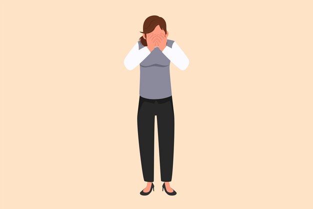 Dibujo plano de negocios mujer de negocios deprimida se cubre la cara con las manos y llorando Trastorno de depresión tristeza tristeza decepción Tratamiento de terapia psicológica Ilustración de vector de diseño de dibujos animados