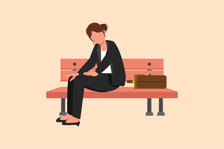 Vector dibujo plano de negocios mujer de negocios deprimida sentada sola en el parque del banco gerente femenina que sufre de depresión experimenta despido situación de vida difícil ilustración de vector de diseño de dibujos animados