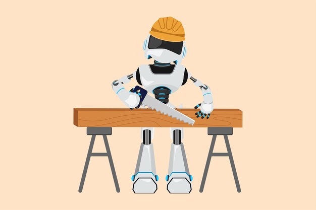Dibujo plano de negocios robot carpintero reparador tablas de aserrado Servicio de trabajo de reparación de construcción de edificios Vivienda inmobiliaria Robot humanoide organismo cibernético Diseño de dibujos animados ilustración vectorial