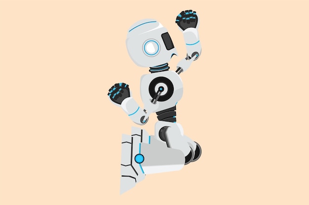 Dibujo plano de negocios robot feliz arrodillado con una mano levantada y otra levantada Objetivos de éxito Robot humanoide organismo cibernético Desarrollo robótico futuro Diseño de dibujos animados ilustración vectorial