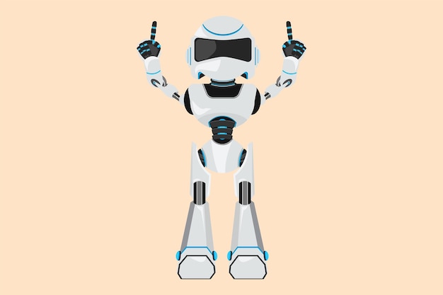 Vector dibujo plano de negocios robot feliz de pie con ambas manos apuntando con el dedo índice hacia arriba celebrar la victoria organismo cibernético del robot humanoide desarrollo robótico futuro ilustración vectorial de diseño de dibujos animados