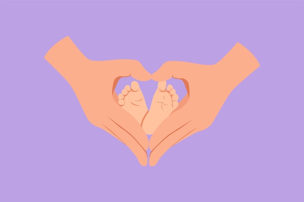 Dibujo plano del personaje bebés adorables pie sostenido por el dedo de la mano del padre haciendo forma de amor Hermosa niña durmiente Niña recién nacida Familia feliz con recién nacido Ilustración de vector de diseño de dibujos animados