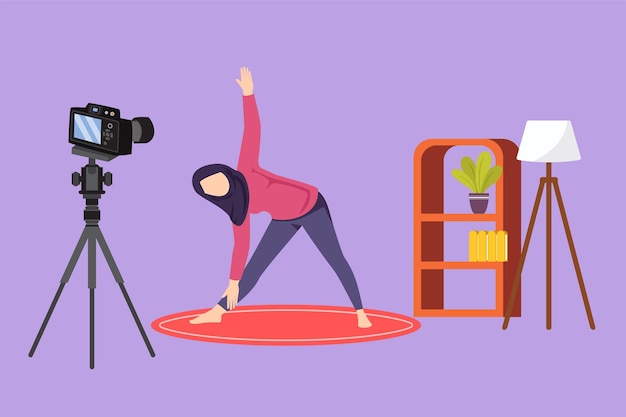 Dibujo plano de personaje blogger árabe en ropa deportiva hijab dispara video en cámara haciendo ejercicios en casa Fitness vlogger transmisión en vivo de la sesión de entrenamiento Ilustración vectorial de diseño de dibujos animados