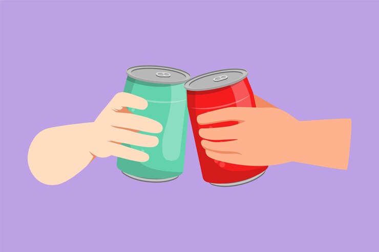 Vector dibujo plano de personaje de dos manos haciendo sonar una lata de aluminio con refresco en una fiesta concepto de comida no saludable bebida suave o bebida energética reunión de dos amigos en una fiesta de cumpleaños ilustración vectorial de diseño de dibujos animados