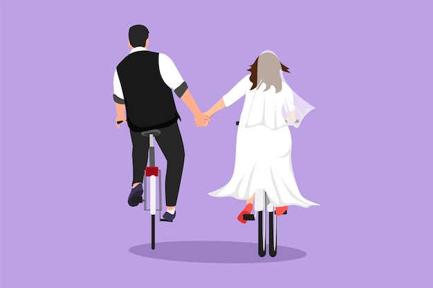 Dibujo plano de personaje feliz pareja romántica casada monta en bicicleta de regreso a la cámara y tomados de la mano joven hombre guapo y linda mujer enamorada con vestido de novia ilustración de vector de diseño de dibujos animados