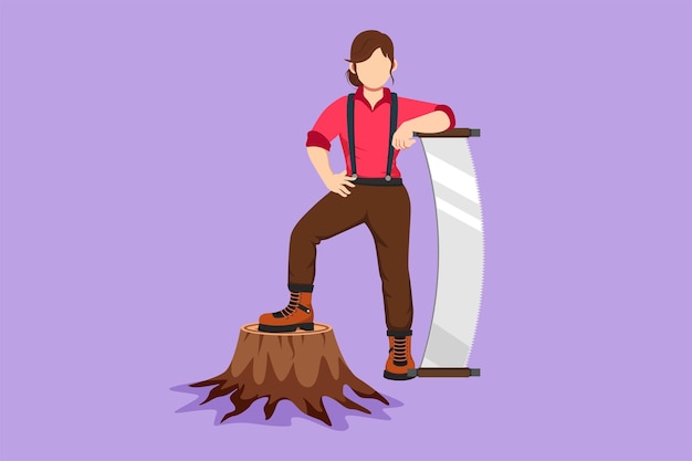 Dibujo plano de personaje hermosa mujer leñadora con camisa de colgante de pie con una gran sierra de acero posando con un pie en el tronco del árbol Niña fuerte trabajando duro Ilustración vectorial de diseño de dibujos animados