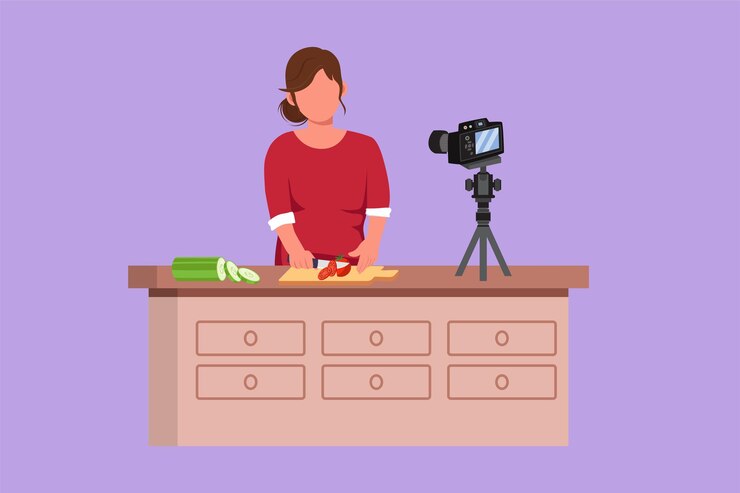 Vector dibujo plano de personaje logotipo de blogger de comida femenina cocinero grabando video usando cámara transmisión de canal en línea mujer enseña cocina nueva receta espectáculo culinario diseño de dibujos animados ilustración vectorial