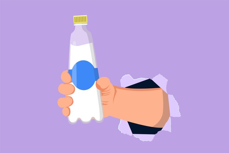 Vector dibujo plano de personaje de mano sosteniendo una botella de plástico de agua potable pura salpicaduras refrescantes a través de papel azul rasgado concepto de hambre y sed para una buena salud ilustración vectorial de diseño de dibujos animados