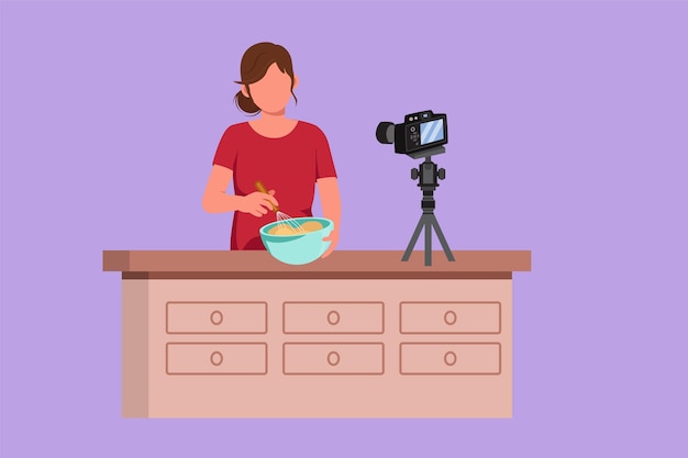 Dibujo plano de personaje mujer hermosa en la cocina preparando postre en casa moviendo la masa con la espátula cocinando icono de transmisión en vivo Blogger prepara la comida en línea Ilustración vectorial de diseño de dibujos animados