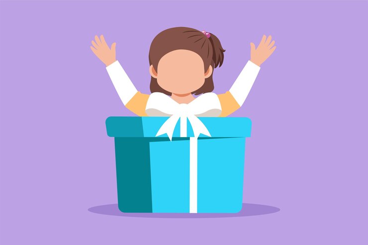 Vector dibujo plano de personaje de una niña feliz y adorable sosteniendo un gran lazo de arco envuelto en una caja de regalos delante de ella en brazos.