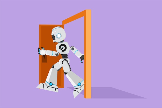 Dibujo plano de personaje de robot caminando a través de un marco de puerta abierta Desafío de nuevas empresas comerciales Organismo cibernético robot humanoide Desarrollo robótico futuro Ilustración de vector de diseño de dibujos animados