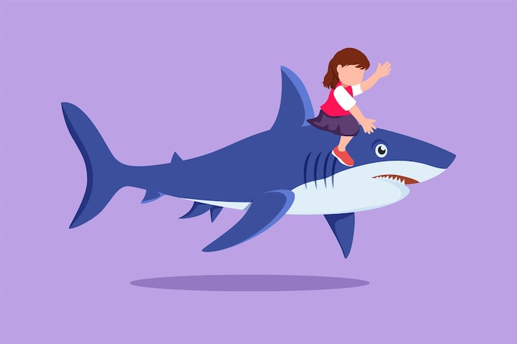 Vector dibujo plano de personaje de valentía niña montando tiburón inflable adorables niños sentados en la espalda tiburón en la piscina del zoológico profundo tiburón pez oceánico en aguas profundas ilustración vectorial de diseño de dibujos animados