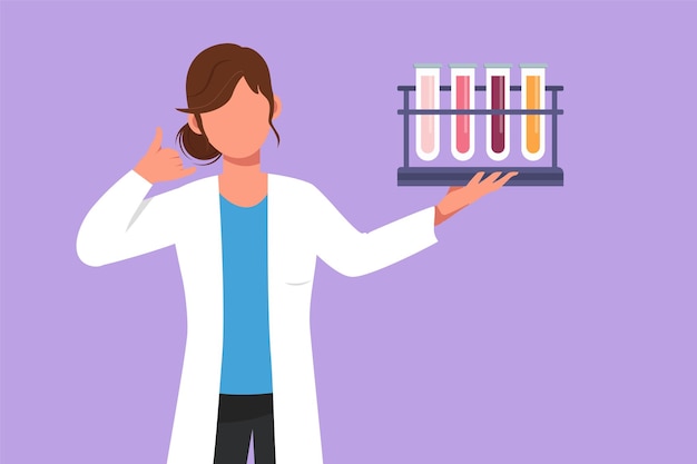 Dibujo plano de personajes científica inteligente sosteniendo un tubo de medición con un gesto de llamarme y examinando una solución química para hacer una vacuna debido a un brote pandémico Ilustración vectorial de diseño de dibujos animados