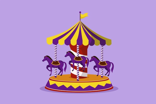 Vector dibujo plano de personajes de colorido carrusel de caballos en el parque de atracciones con caballos girando bajo la carpa con bandera infancia feliz juega en el festival al aire libre del parque de atracciones diseño de dibujos animados ilustración vectorial