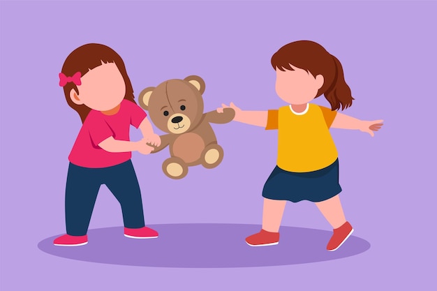 Vector dibujo plano de personajes dos niñas peleando por una muñeca princesa conflicto entre niños en el jardín de infantes niños hermanos peleando en la sala de juegos debido al juguete diseño de dibujos animados ilustración vectorial