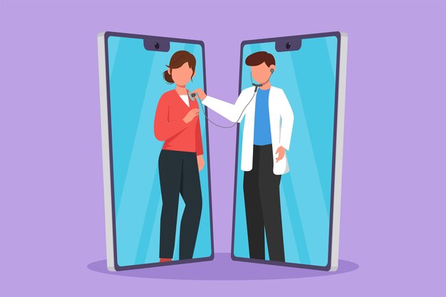 Dibujo plano de personajes dos teléfonos inteligentes uno frente al otro con un joven médico que verifica la frecuencia cardíaca de una paciente con estetoscopio Aplicación médica para médicos en línea Ilustración vectorial de diseño de dibujos animados