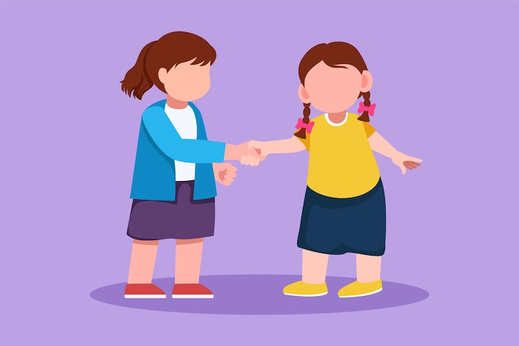 Vector dibujo plano de personajes niñas bonitas de pie y dándose la mano haciendo amistad los niños se presentan niñas lindas felices tocándose la mano ilustración vectorial de diseño de dibujos animados