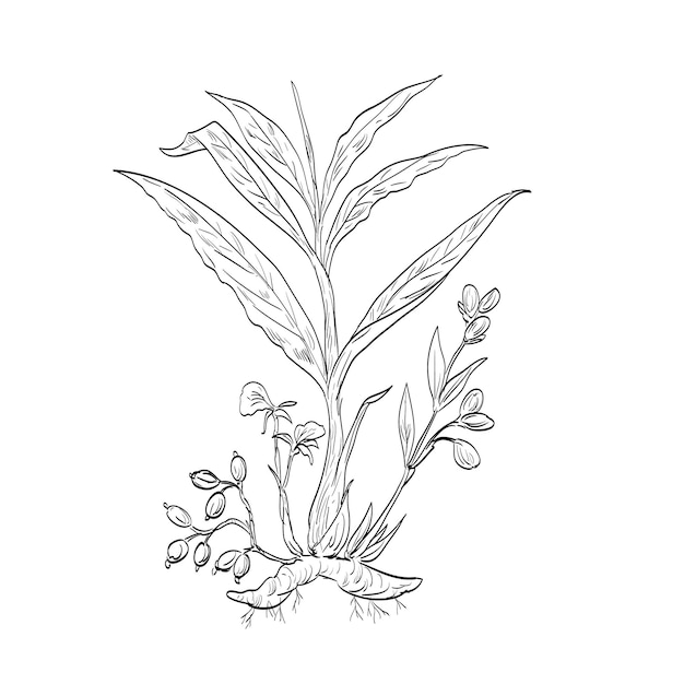 Dibujo de la planta con flores Elettaria Cardamom o cardamomo verde