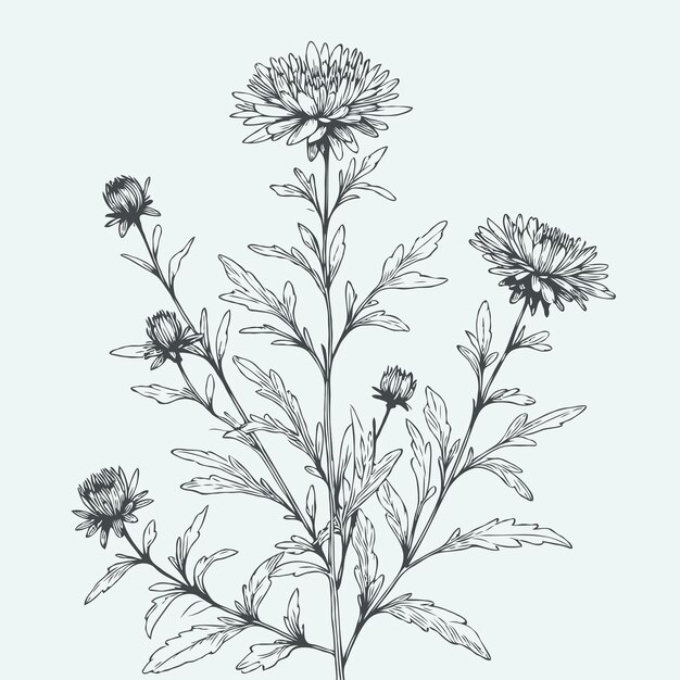 un dibujo de una planta con flores en ella
