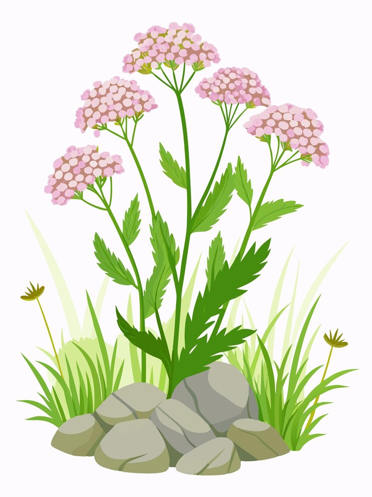Vector un dibujo de una planta con flores rosas en un jardín