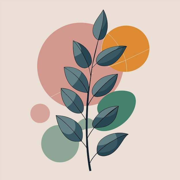 un dibujo de una planta con hojas verdes y un círculo de círculos naranja y rosa