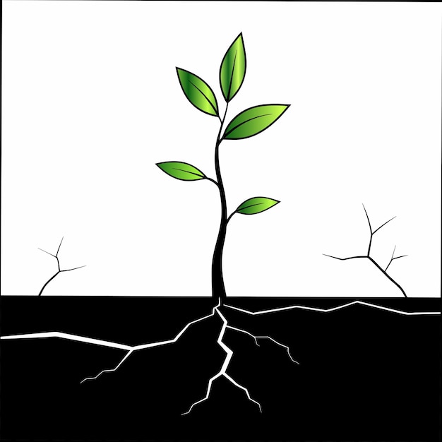 un dibujo de una planta que crece en un fondo negro agrietado