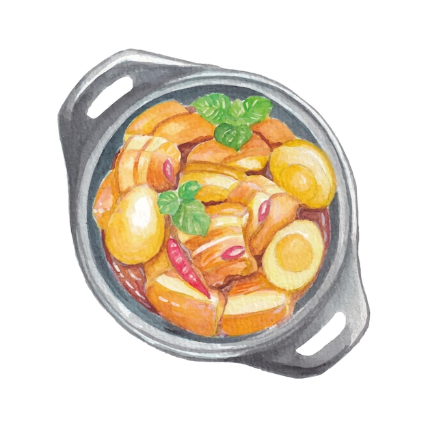 Un dibujo de un plato de comida con una hoja verde en la parte inferior.