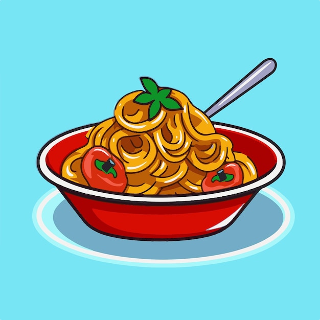 Un dibujo de un plato de espagueti con una cuchara dentro.