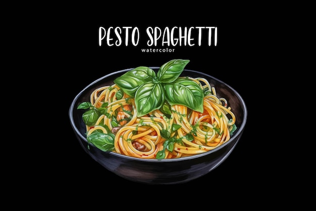 Vector un dibujo de un plato de espagueti de pesto con hojas de albahaca