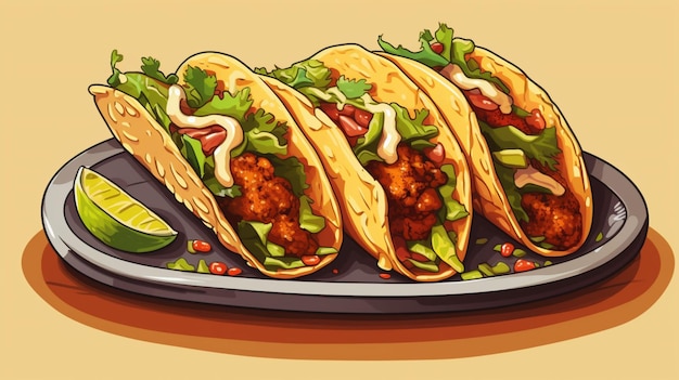 Vector un dibujo de un plato de tacos con un dibujo animado de un pollo y crepe