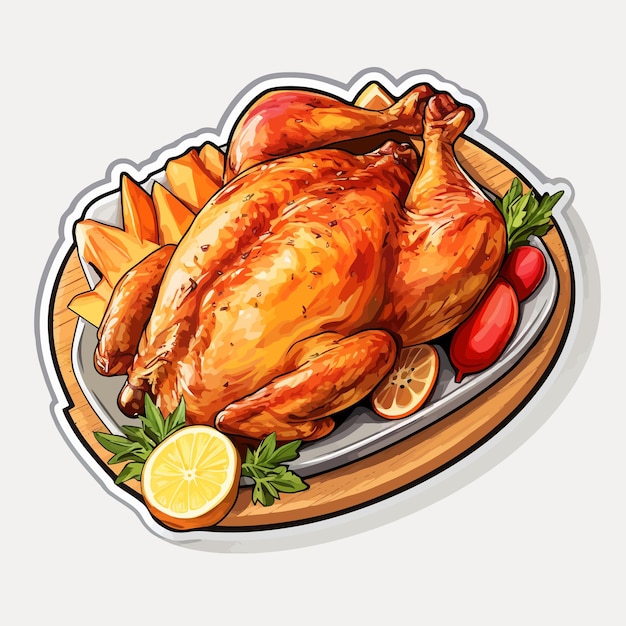 Un dibujo de un pollo y algo de comida en un plato.