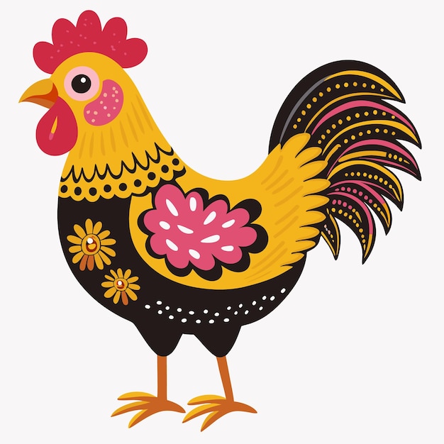 un dibujo de un pollo con una flor roja en él