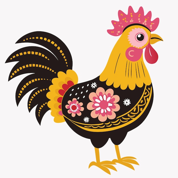 un dibujo de un pollo con flores en él