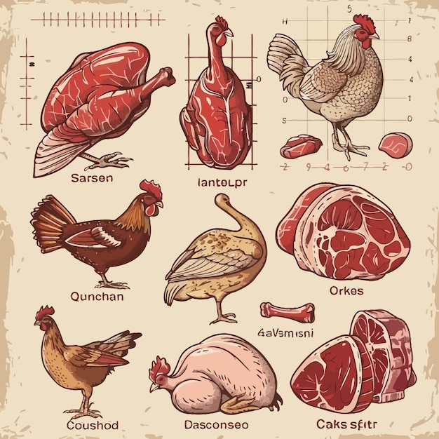 un dibujo de un pollo con la palabra carne en él