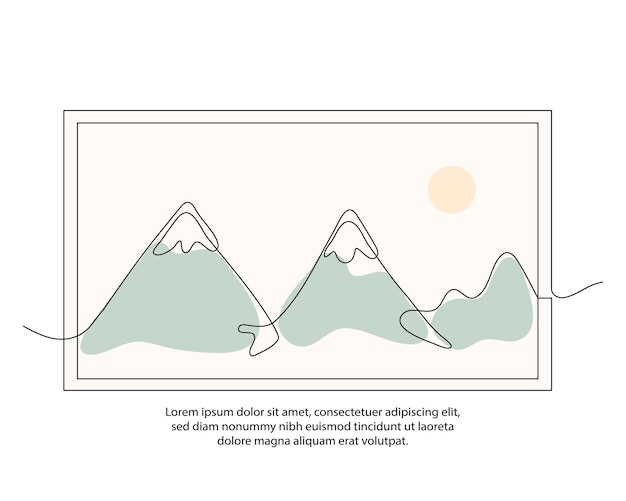 Vector un dibujo de póster de pico de montaña de una línea con un hermoso marco decoración de pared de línea continua mínima abstracta