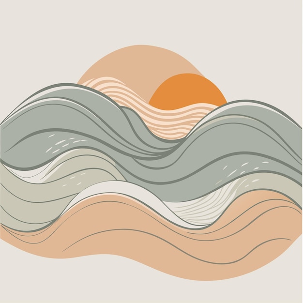 un dibujo de una puesta de sol con el sol en el fondo