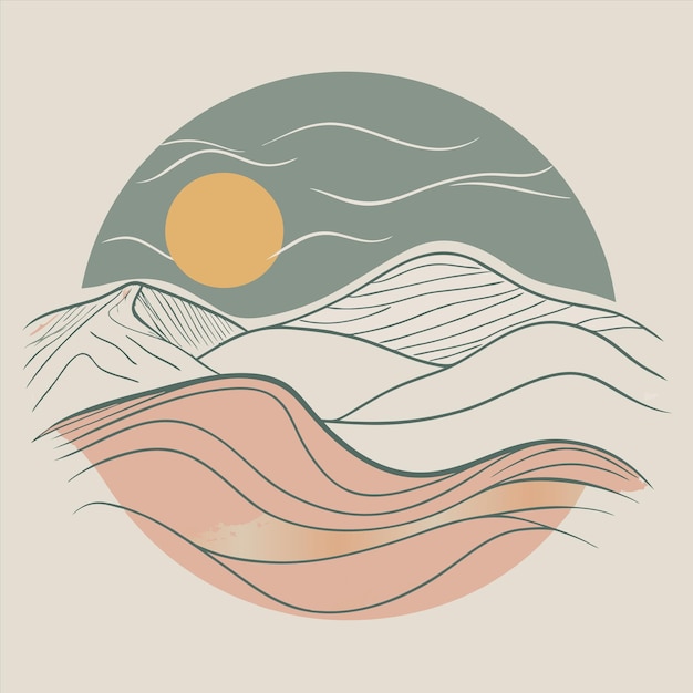 un dibujo de una puesta de sol con el sol y el océano