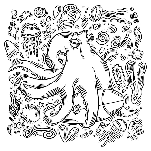 Un dibujo de un pulpo y una ilustración de una criatura marina bajo el mar para prendas de vestir y camisetas