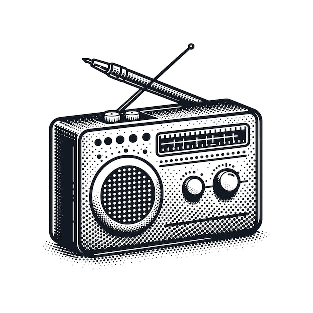 un dibujo de una radio con una pluma y una pluma en el medio