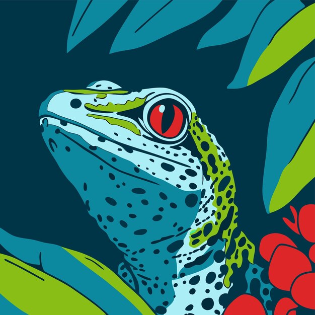 un dibujo de una rana con ojos rojos y un fondo verde