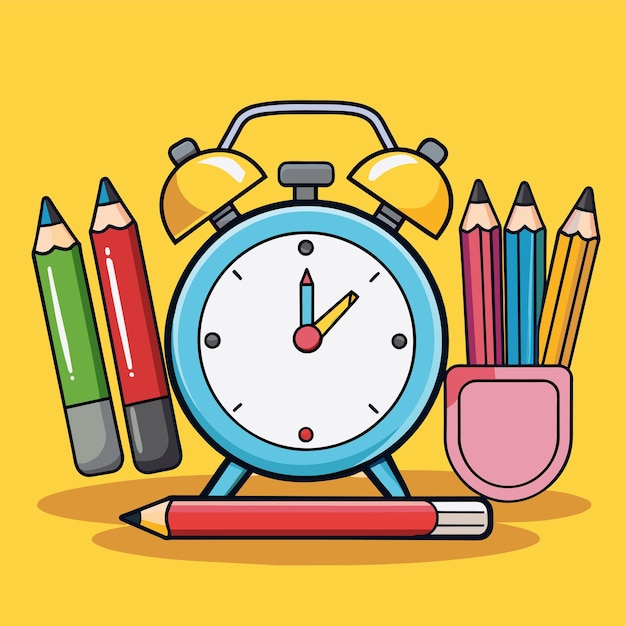 un dibujo de un reloj con una cara azul y lápices