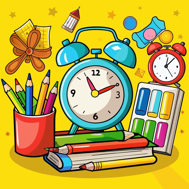 un dibujo de un reloj con un despertador azul y lápices