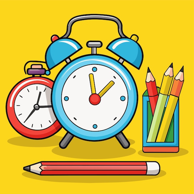 un dibujo de un reloj despertador con un despertador rojo y lápices