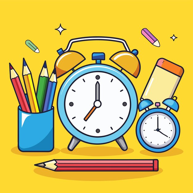 un dibujo de un reloj con lápices y lápices