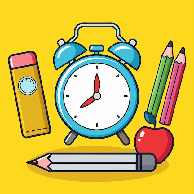 un dibujo de un reloj con un lápiz y lápices
