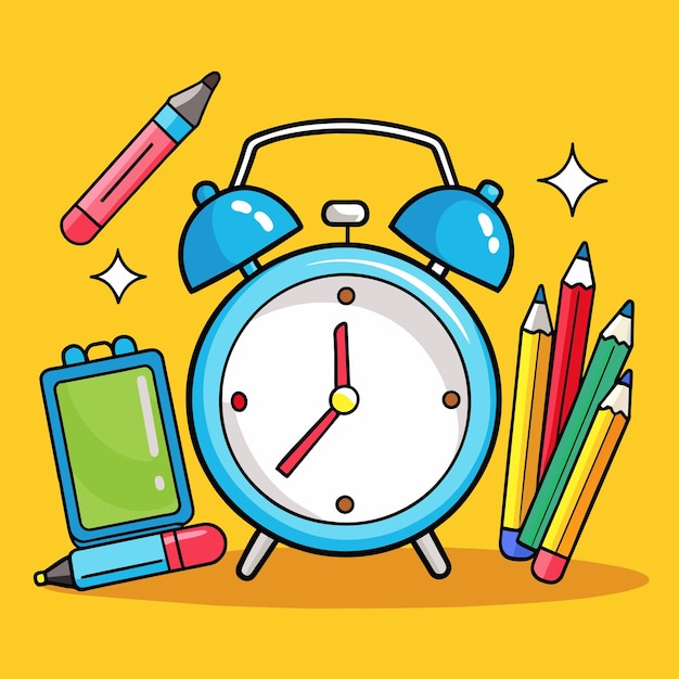 un dibujo de un reloj con un lápiz y lápices